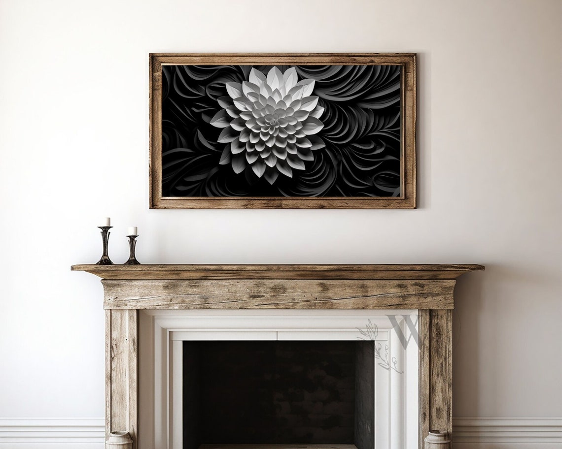Black And White 3D Dahlia Flower Abstract Modern Botanical Art Print - Image 4