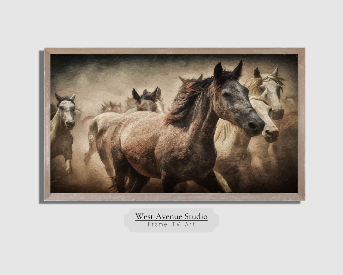 Wild Horses Running Dust Storm Textured Western Equine Painting Poster