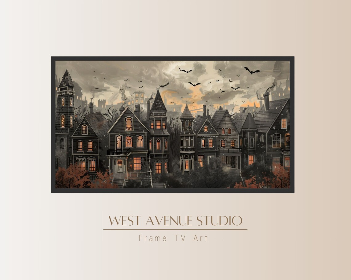 Haunted Village Dusk Bats Over Old Houses Glowing Windows Halloween Poster - Image 5