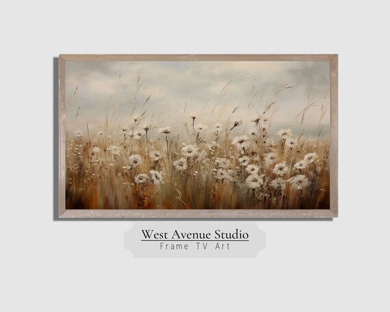 Windy White Wildflower Field Golden Grasses Soft Gray Sky Spring Art Poster