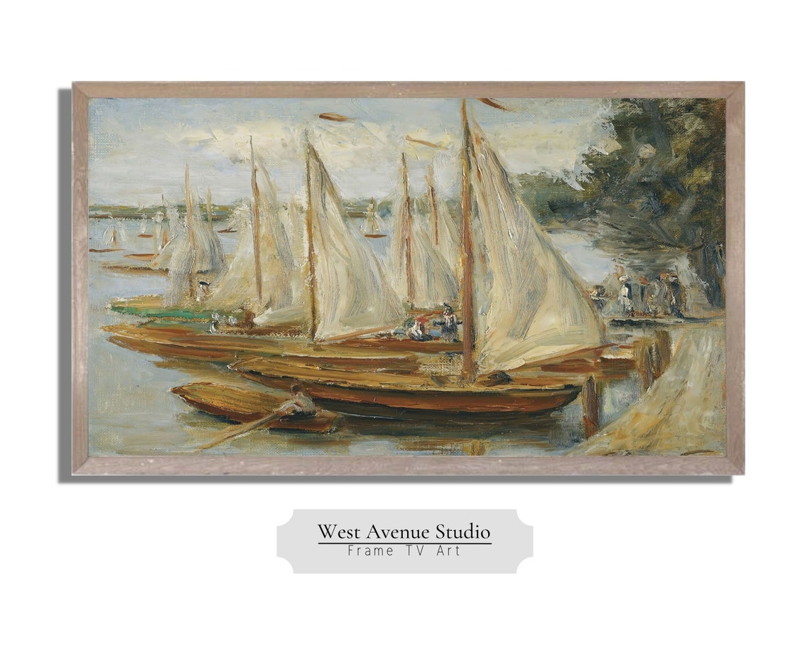 Frame Tv Art Summer Seascape Vintage Oil Painting Nautical Tv Art Summer Boats Summer Tv Art Circa 1893 Instant 296 - Image 3