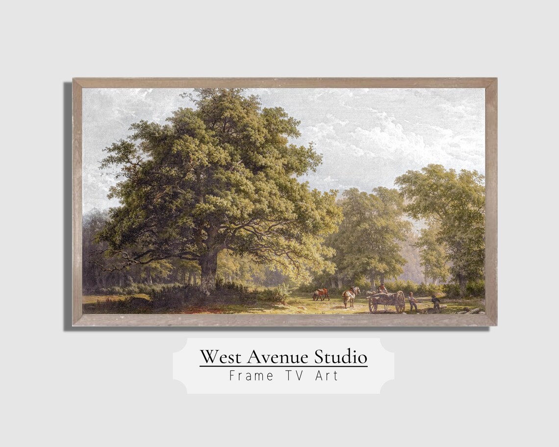 Majestic Oak Forest Woodland Path Horse Cart Vintage Landscape Poster