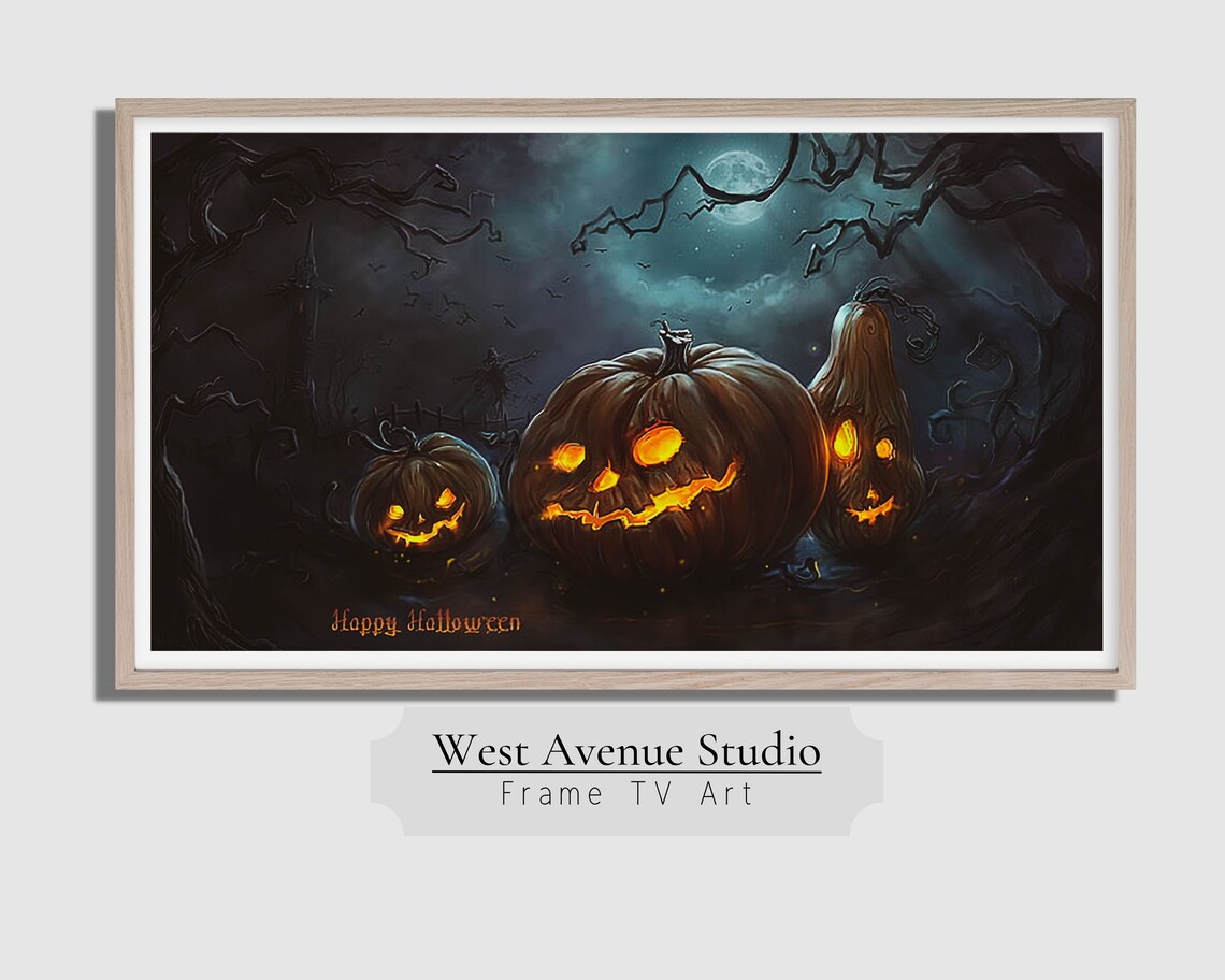 Glowing Jack O Lanterns Full Moon Spooky Night Bats Happy Halloween Art Poster - Image 4