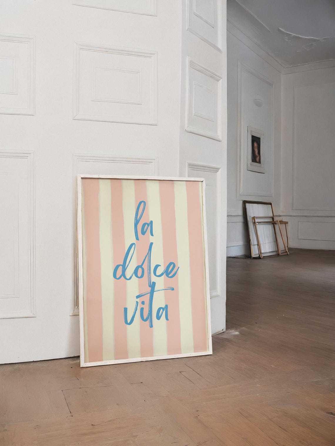 La Dolce Vita Blue Script Quote on Peach Striped Poster Wall Art - Image 5