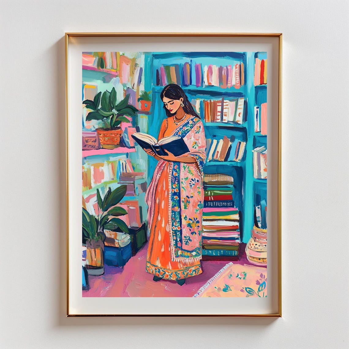 Girl Reading Book in Library in Orange Saree Cozy Reader Art Poster