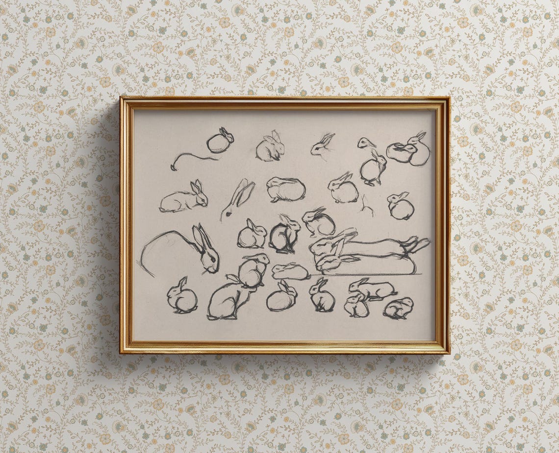 Vintage Rabbit Studies Pencil Sketch Nursery Animal Art Poster