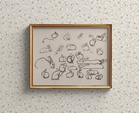 Vintage Rabbit Studies Pencil Sketch Nursery Animal Art Poster