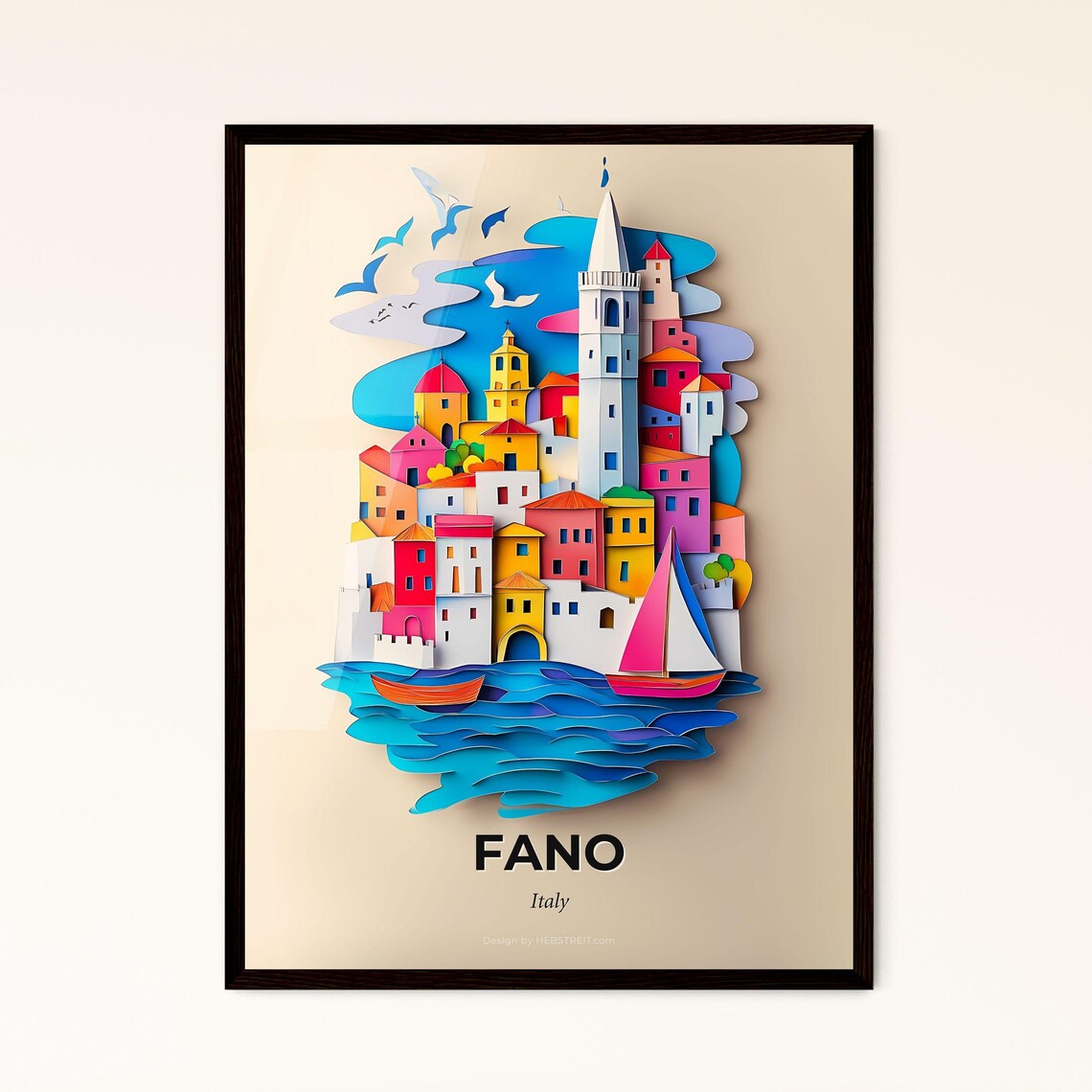 Fano Italy Seaside Towers And Sailboats Paper Cut Travel Poster