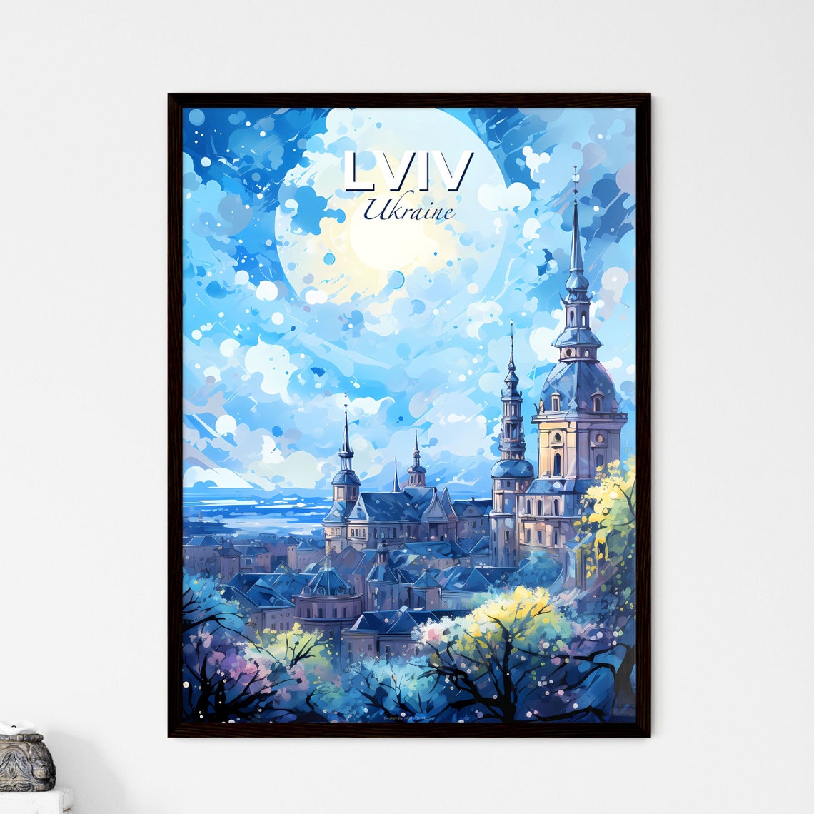 Lviv Ukraine Historic Churches Moonlit Illustrated Travel Poster