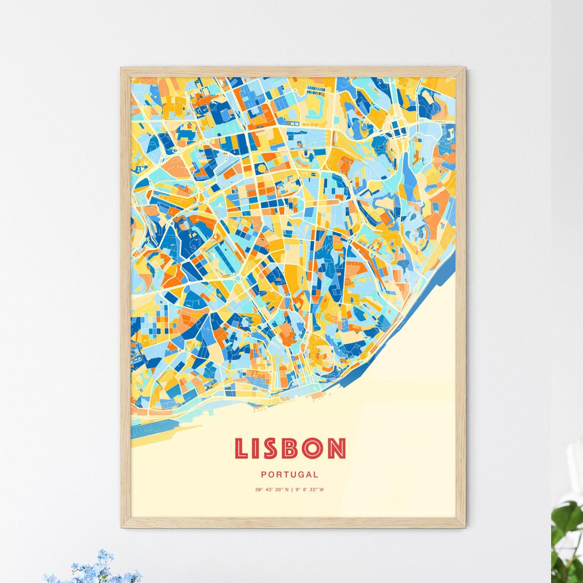Lisbon Portugal Colorful Blue Orange Riverfront City Map Art Print