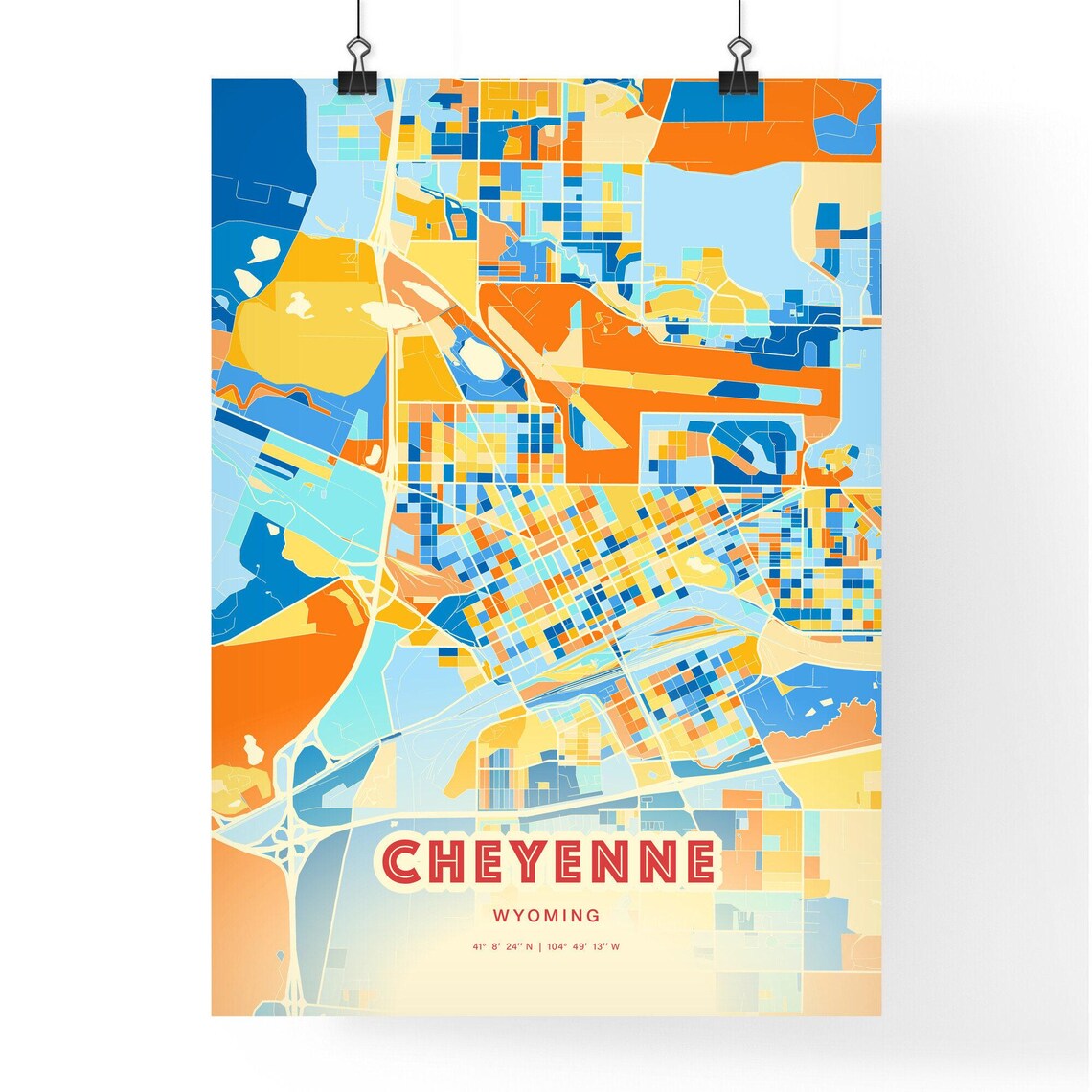 Cheyenne Wyoming Colorful Blue and Orange Retro City Street Map Wall Art