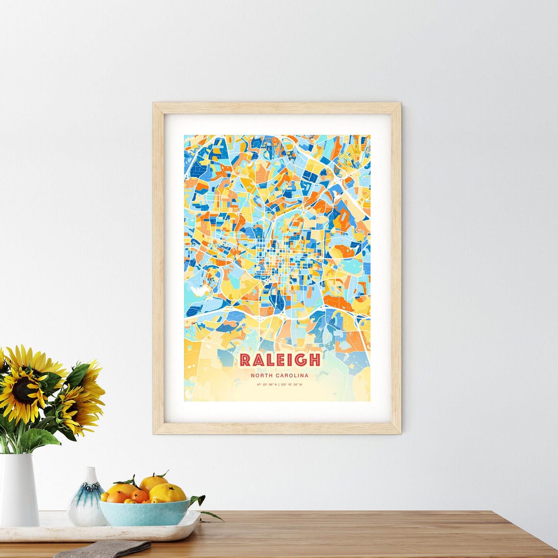 Raleigh North Carolina Map Art Poster Blue Orange Vibrant Streets - Image 2