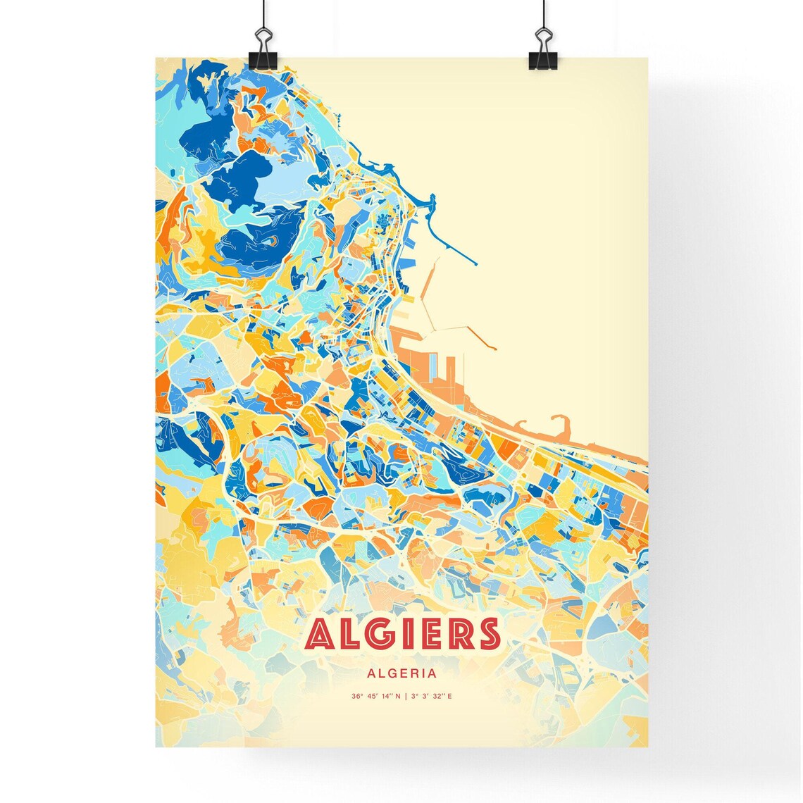 Algiers Algeria City Map Abstract Blue Orange Modern Art Print - Image 3