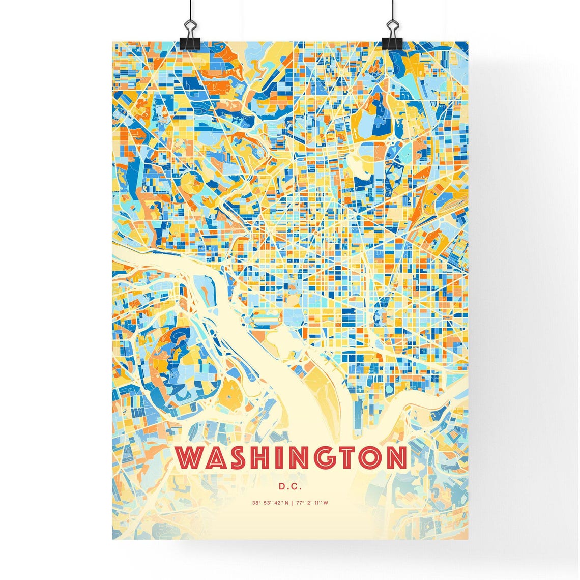 Washington DC Colorful Blue Orange City Map Art Poster Decor - Image 3