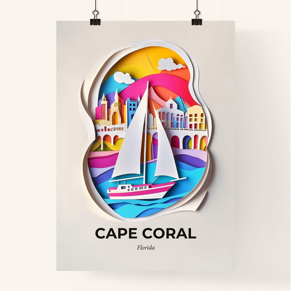 Cape Coral Florida Sailboat Papercut Sunset Harbor Travel Poster - Image 4