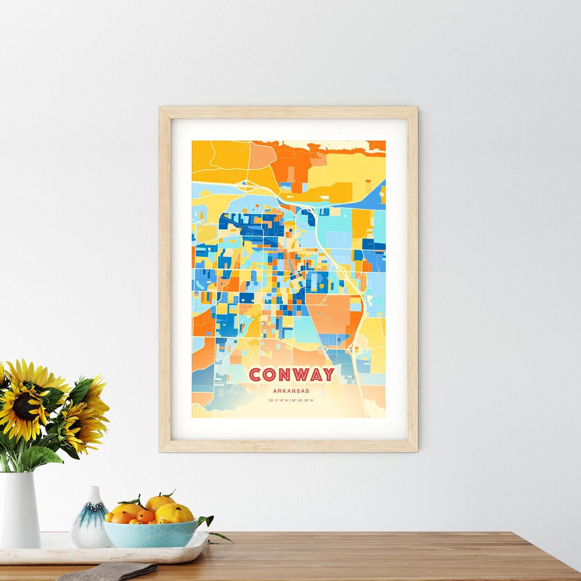 Conway Arkansas Colorful Blue and Orange Retro City Street Map Wall Art - Image 2