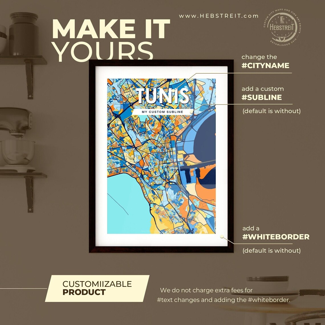 Tunis Tunisia Colorful City Street Map Blue Orange Poster Art - Image 2