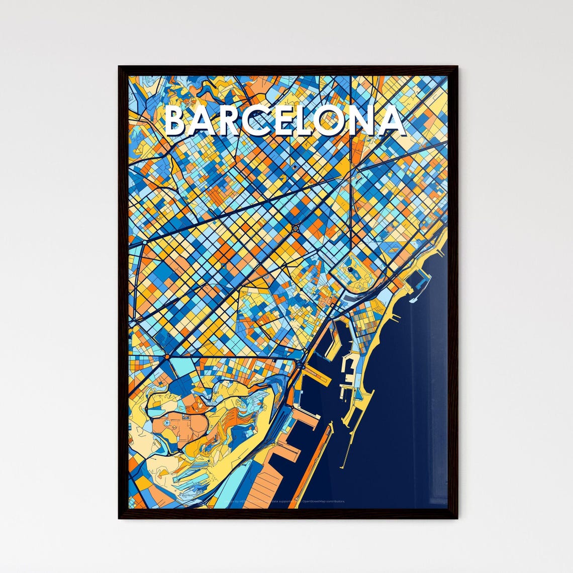 Barcelona Spain Dark Navy Modern City Map White Lettering Poster