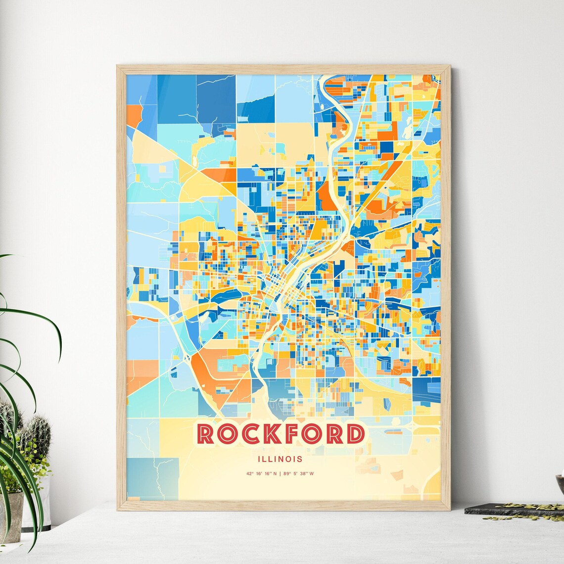Rockford Illinois Colorful Modern Blue Orange City Map Art Poster