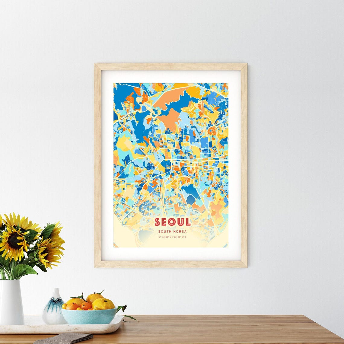 Seoul South Korea Blue Orange Mountain View City Map Art Poster - Image 2
