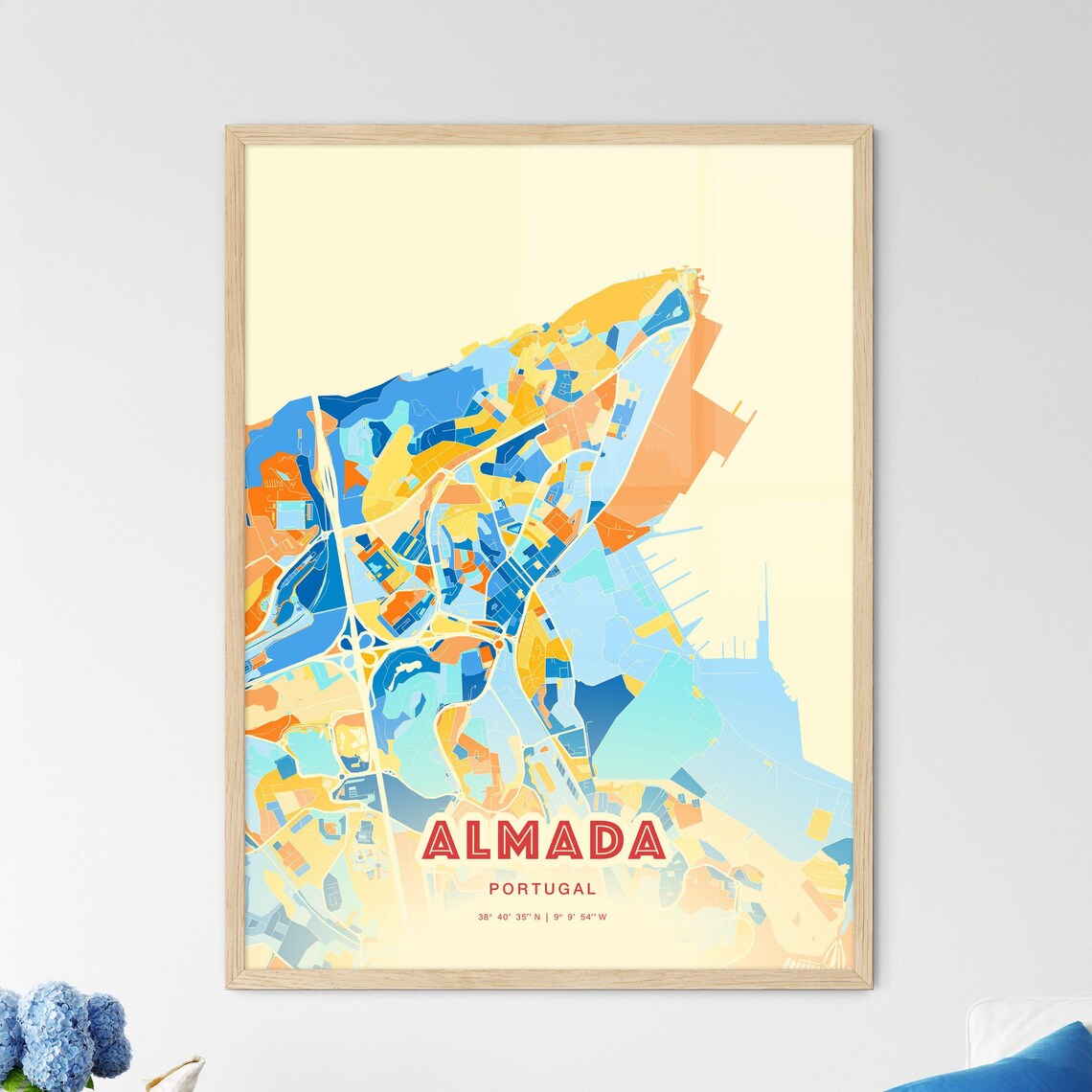 Almada Portugal Modern Geometric Blue Orange City Map Art Poster