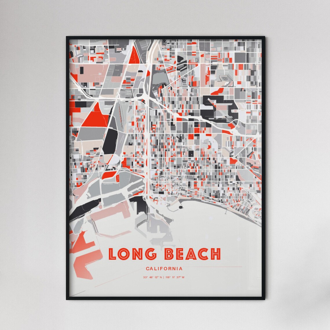 Long Beach California Modern Red Gray Expressive City Map Poster Customizable