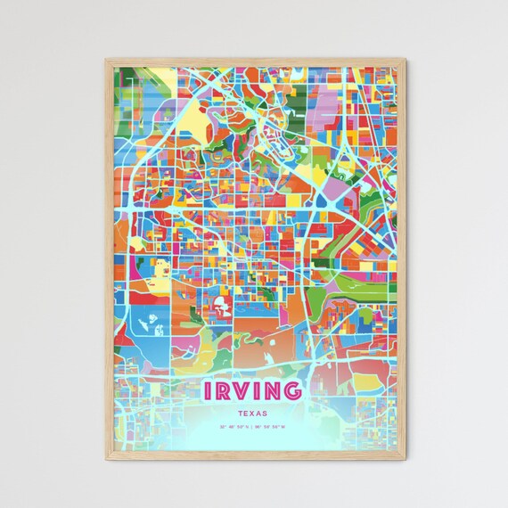 Irving Texas Crazy Colorful Modern City Street Map Art Poster