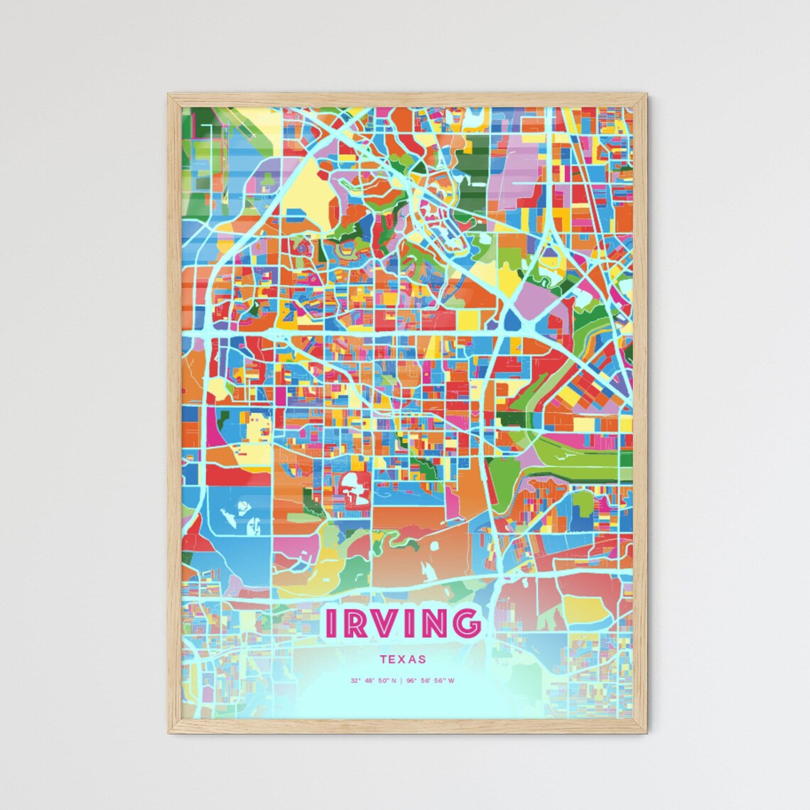 Irving Texas Crazy Colorful Modern City Street Map Art Poster