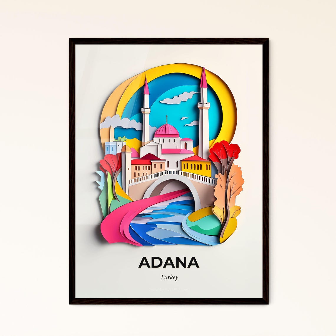 Adana Turkey Mosque River Bridge Paper Cut City Travel Poster