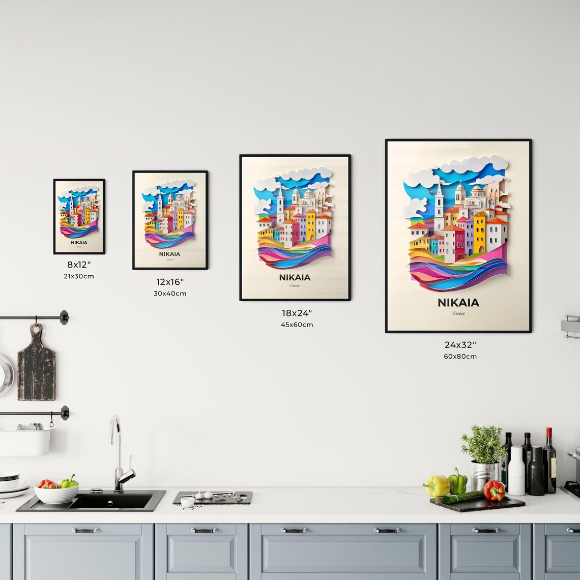 Nikaia Greece Colorful Paper Cut Coastal Old Town Travel Poster - Image 3