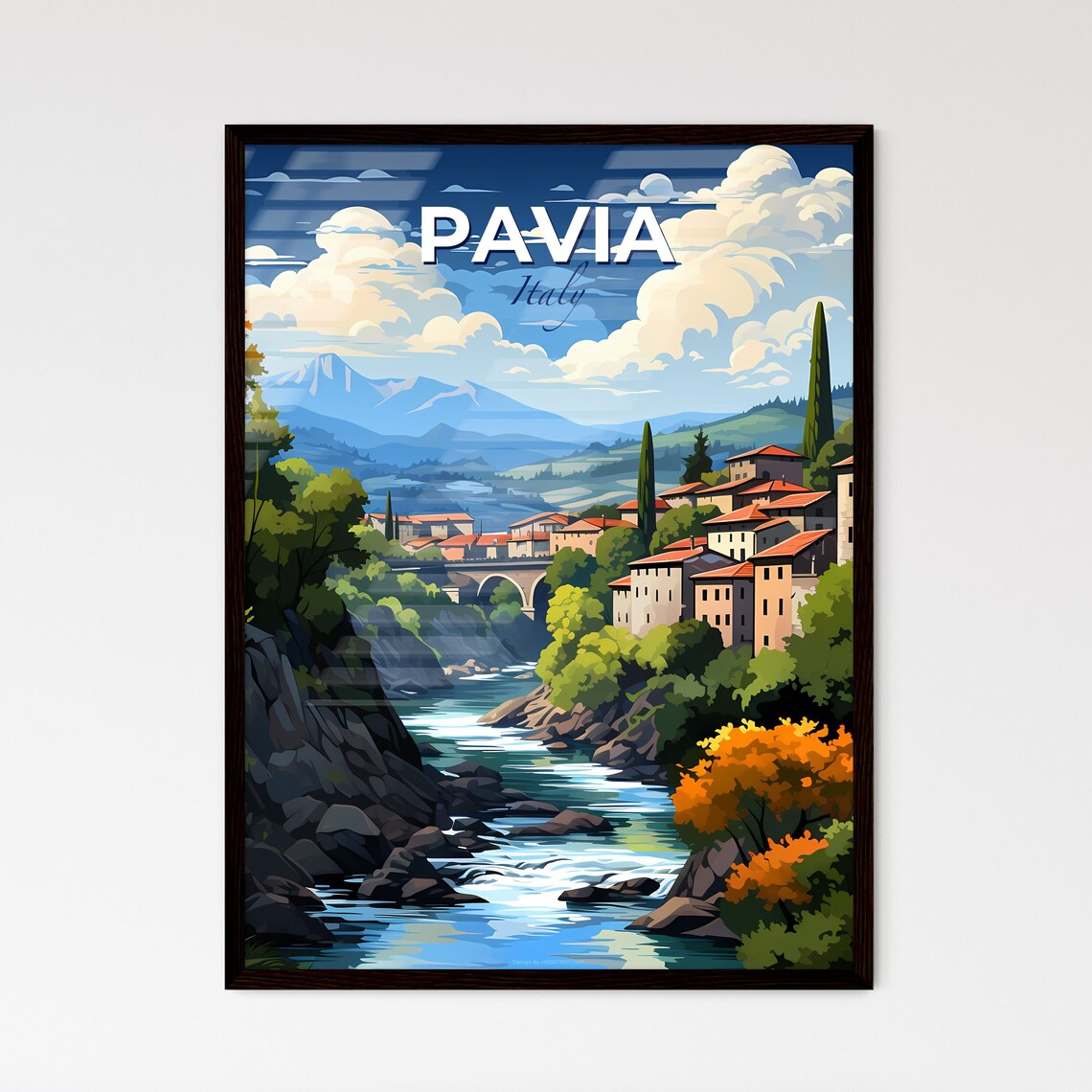 Pavia Italy River Valley Stone Bridge Village And Mountains Poster