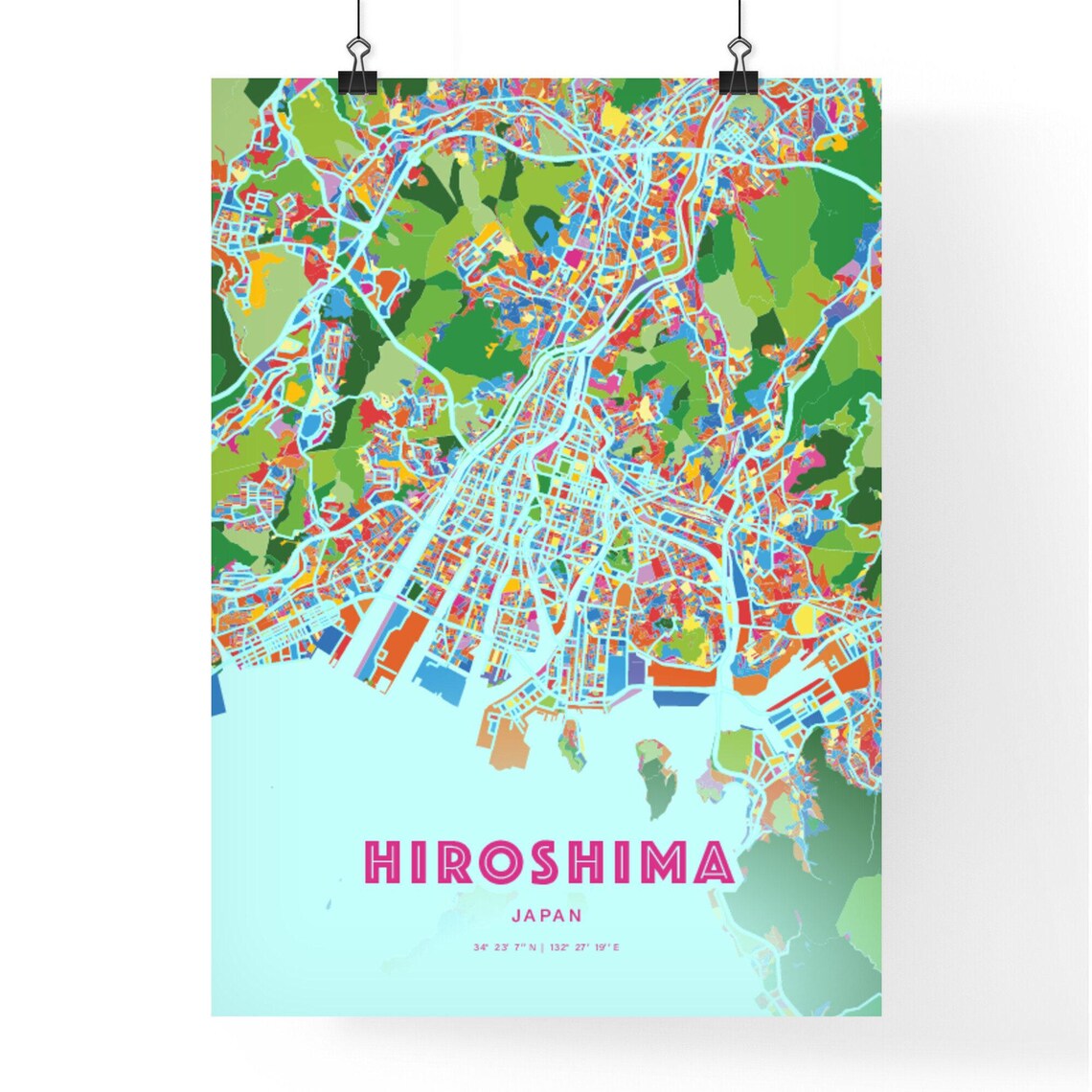 Hiroshima Japan Colorful City Map Art Poster in Pink and Turquoise - Image 3