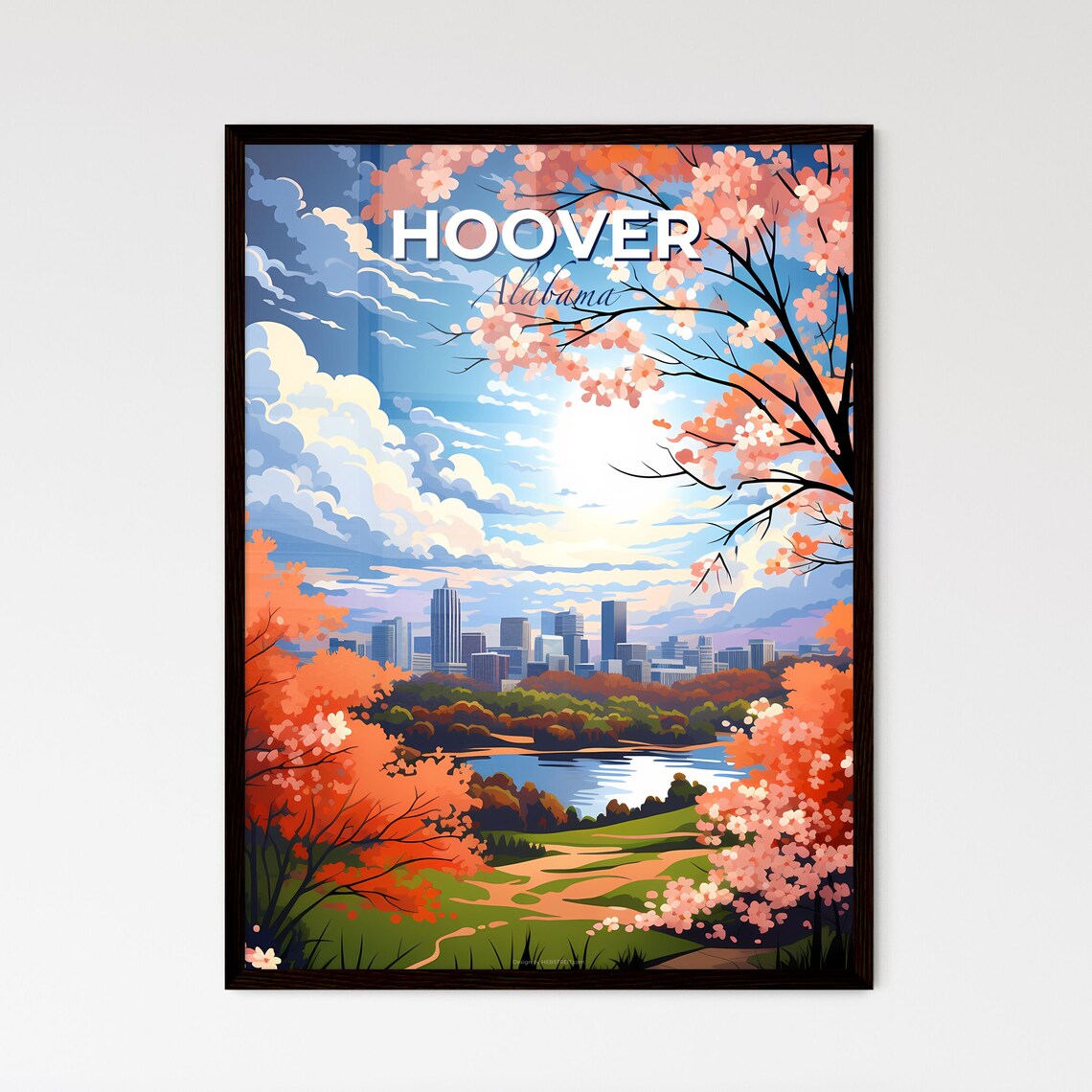 Hoover Alabama Sunset Skyline Lake Blossom Trees Travel Poster