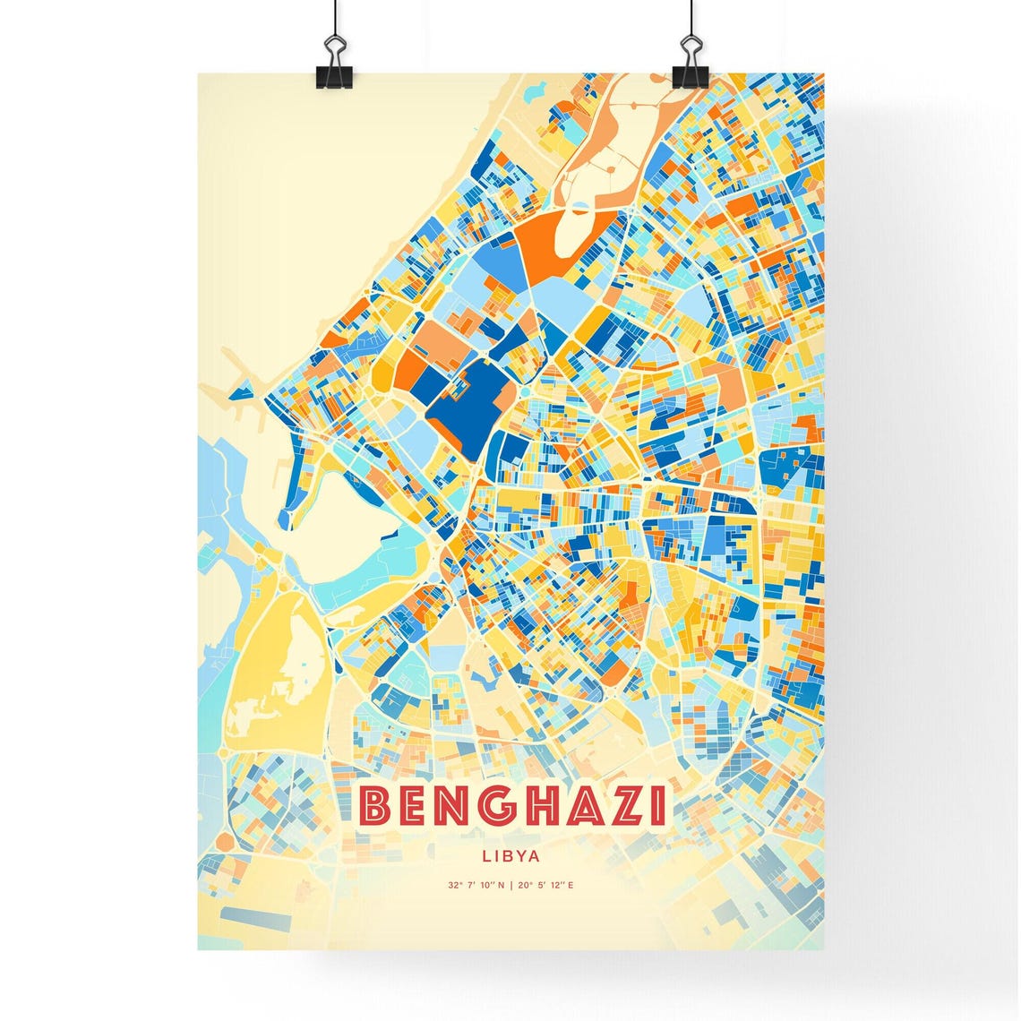 Benghazi Libya City Street Map Art Poster Blue Orange Coordinates - Image 3