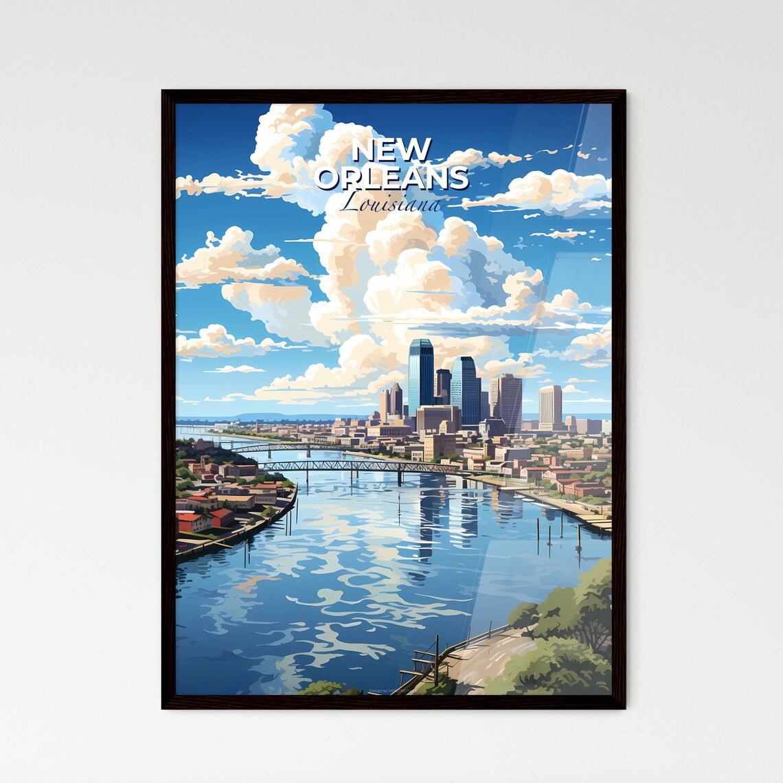 New Orleans Louisiana Riverfront Skyline Bridges Travel Poster