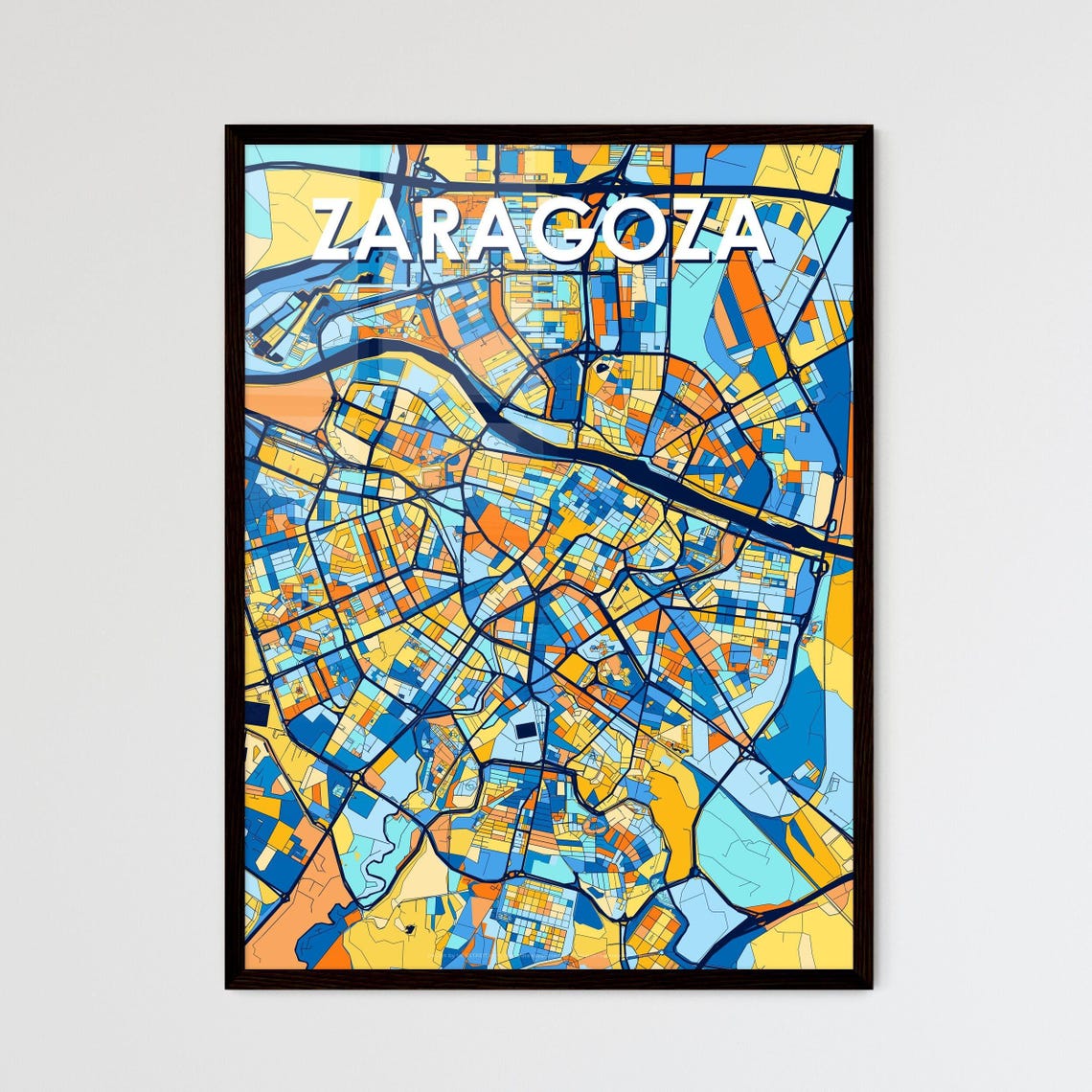 Zaragoza Spain Bold Geometric City Map Art Poster in Blue and Orange