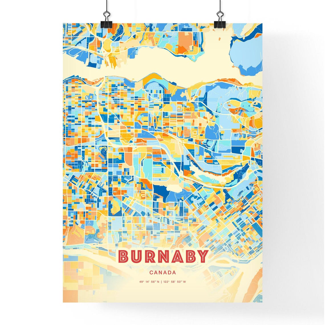 Burnaby Canada Retro City Map Art Poster Blue Orange Street Style - Image 3