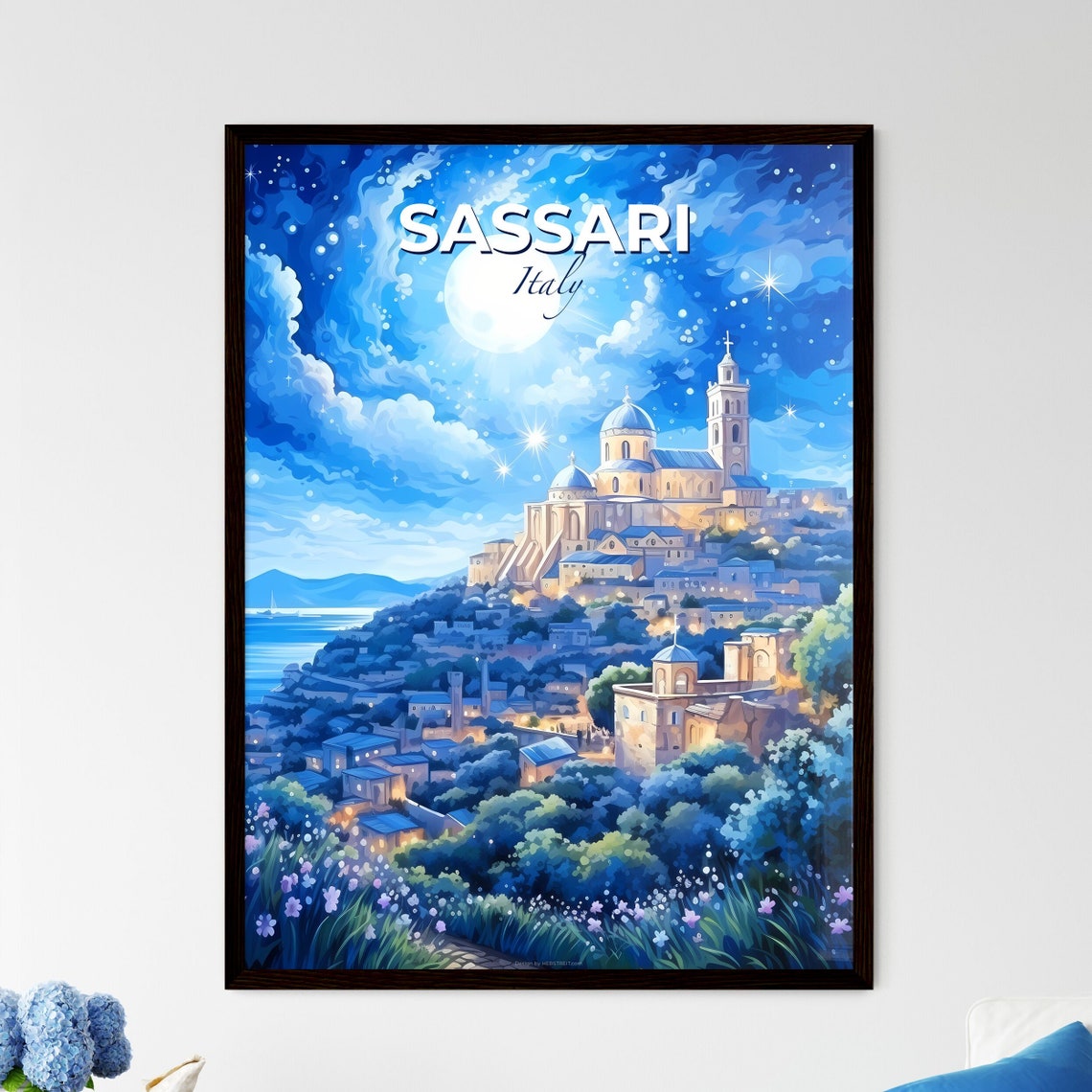 Sassari Italy Moonlit Night Skyline With Cathedral View Poster