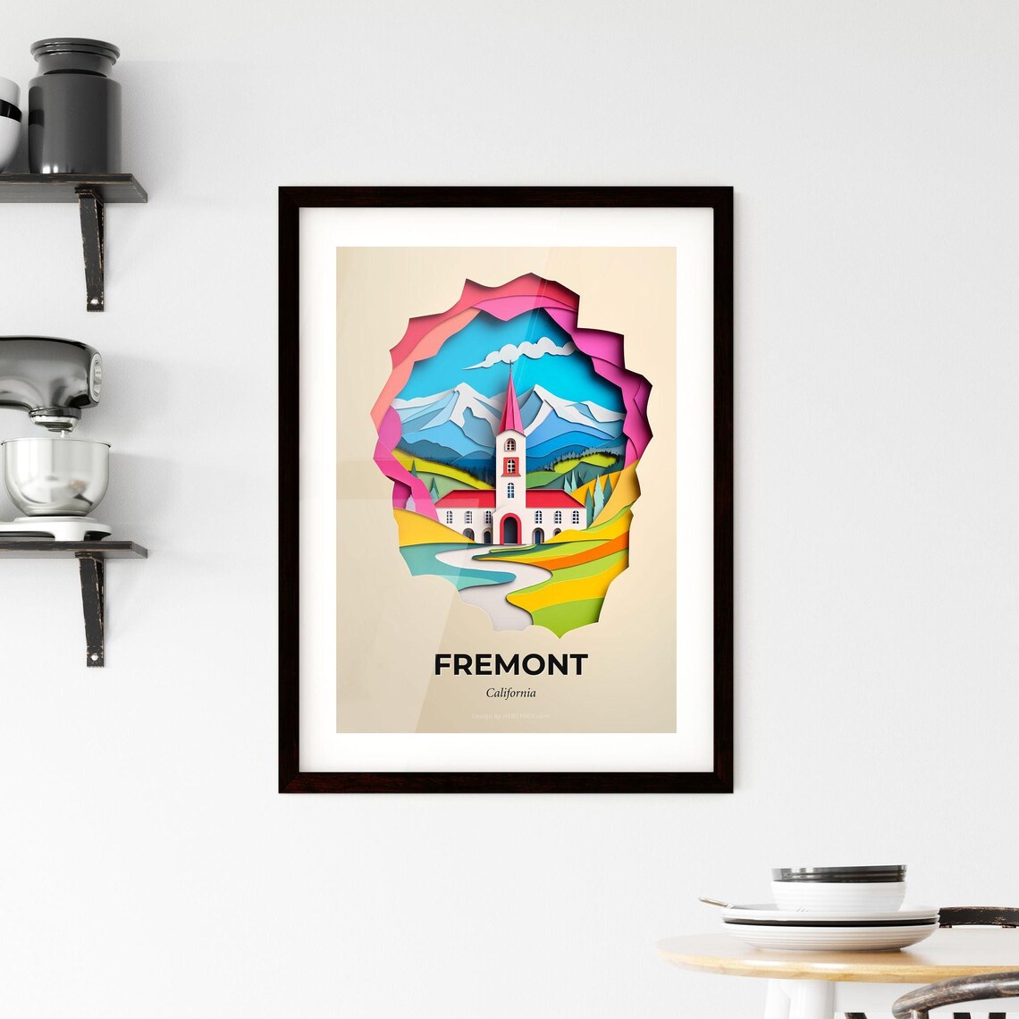 Fremont California Church And Mountain Peak Paper Cut Art Poster - Image 2
