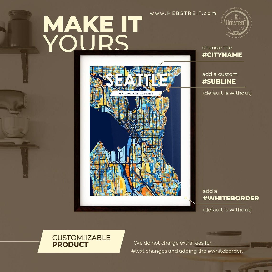 Seattle City Map Poster in Blue and Orange on Navy Background - Image 2