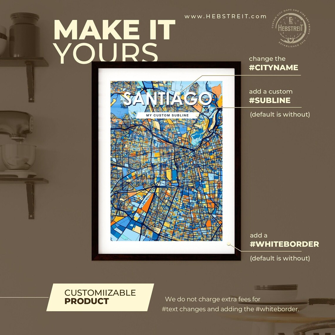 Santiago City Map Art Poster Midnight Blue Orange Modern Decor - Image 2