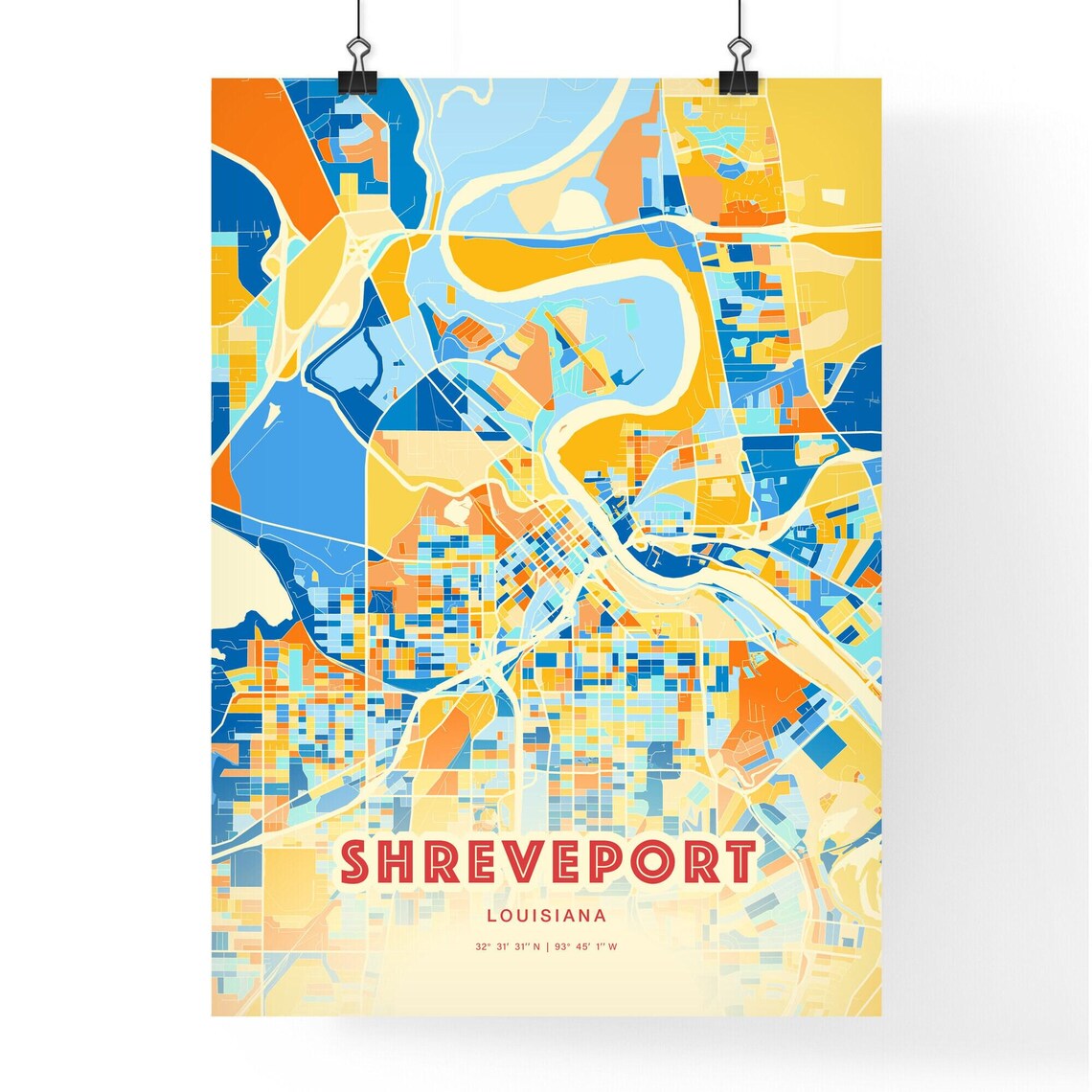 Shreveport Louisiana Colorful Blue Orange City Map Art Poster - Image 3