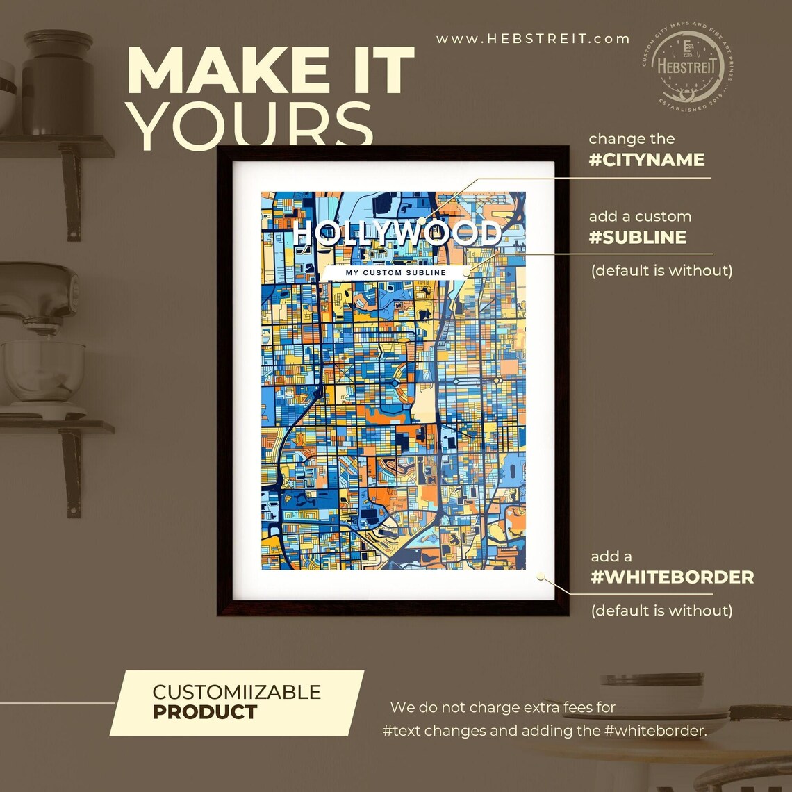 Hollywood Florida Vibrant Colorful Illustrated Street Map Art Poster - Image 2