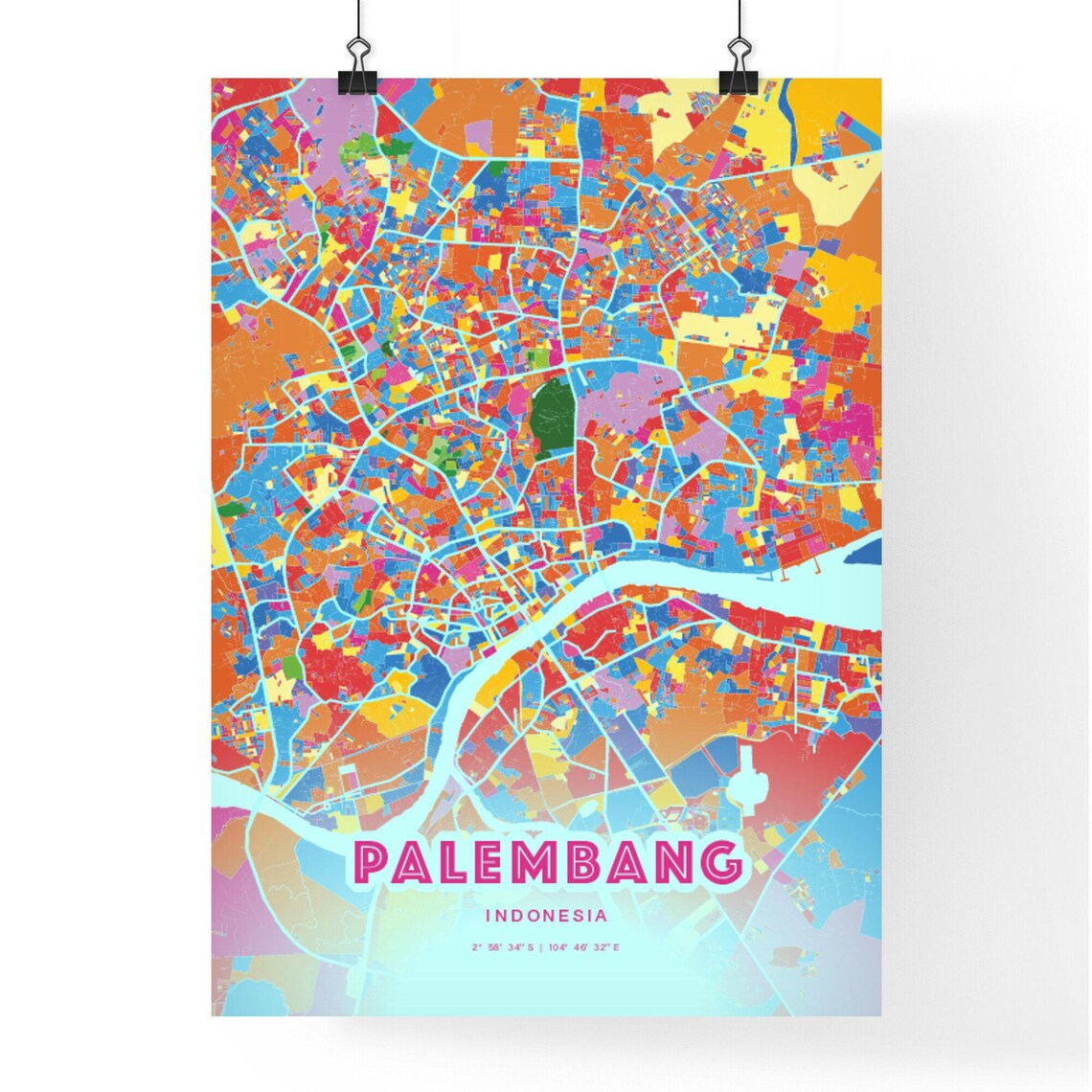Palembang Indonesia Rainbow City Map Poster Vibrant Colorful Street Grid Art - Image 3