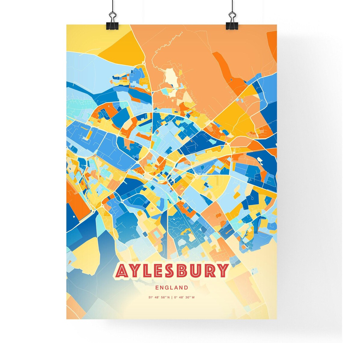 Aylesbury England Colorful Blue and Orange Retro City Street Map Wall Art - Image 3