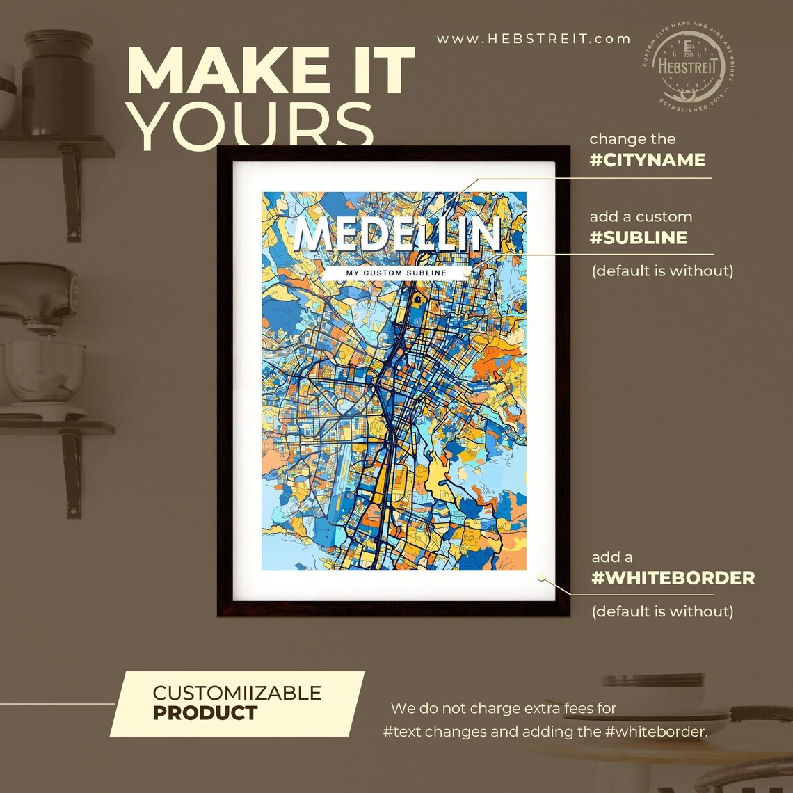 Medellin Colombia Stylish Vibrant Blue and Orange Mosaic City Map Poster - Image 2