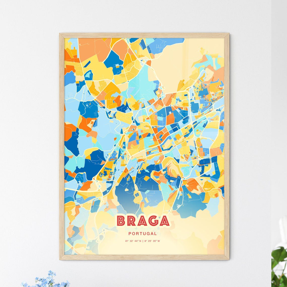 Braga Portugal Modern Colorful Abstract City Map Blue Orange Poster