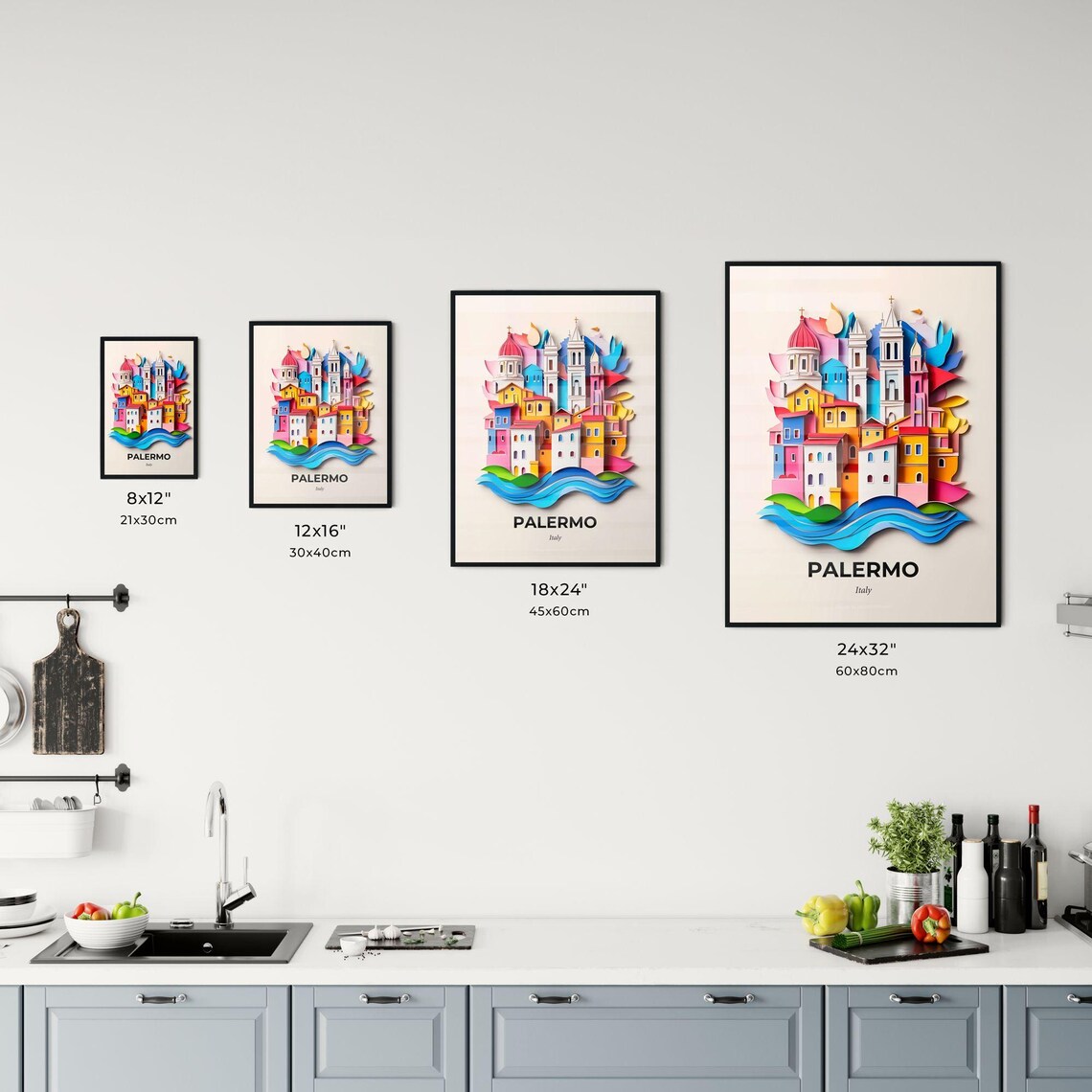 Palermo Italy Colorful Papercut Waterfront City Travel Poster - Image 3