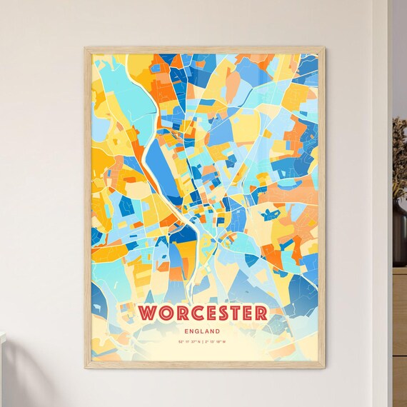 Worcester England Colorful Blue Orange Modern City Street Map Poster