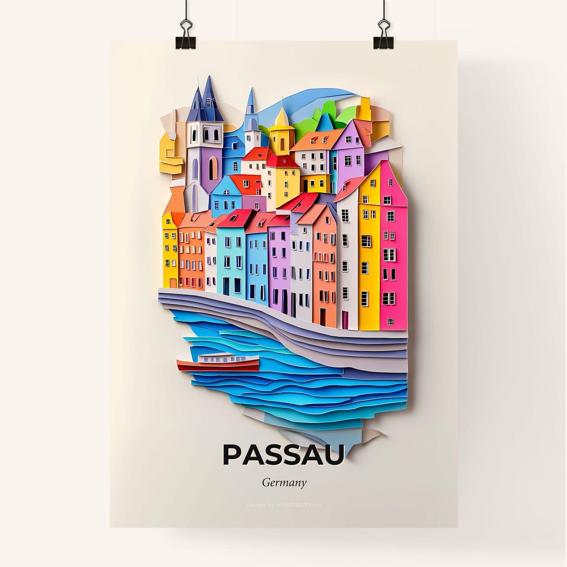 Passau Germany Old Town River Boat Colorful Paper Cut Poster - Image 4